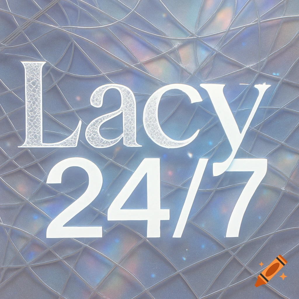 White, textured text "Lacy 24/7" on a shimmering light blue geometric background with iridescent and sparkle effects.