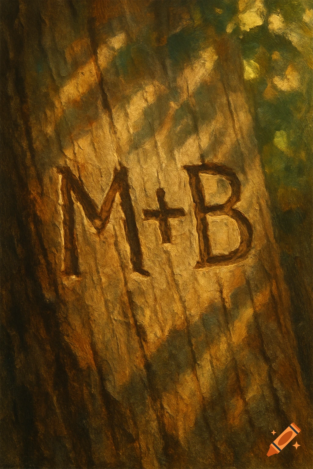 Close-up, painterly view of initials M+B carved into a tree trunk bathed in sunlight.