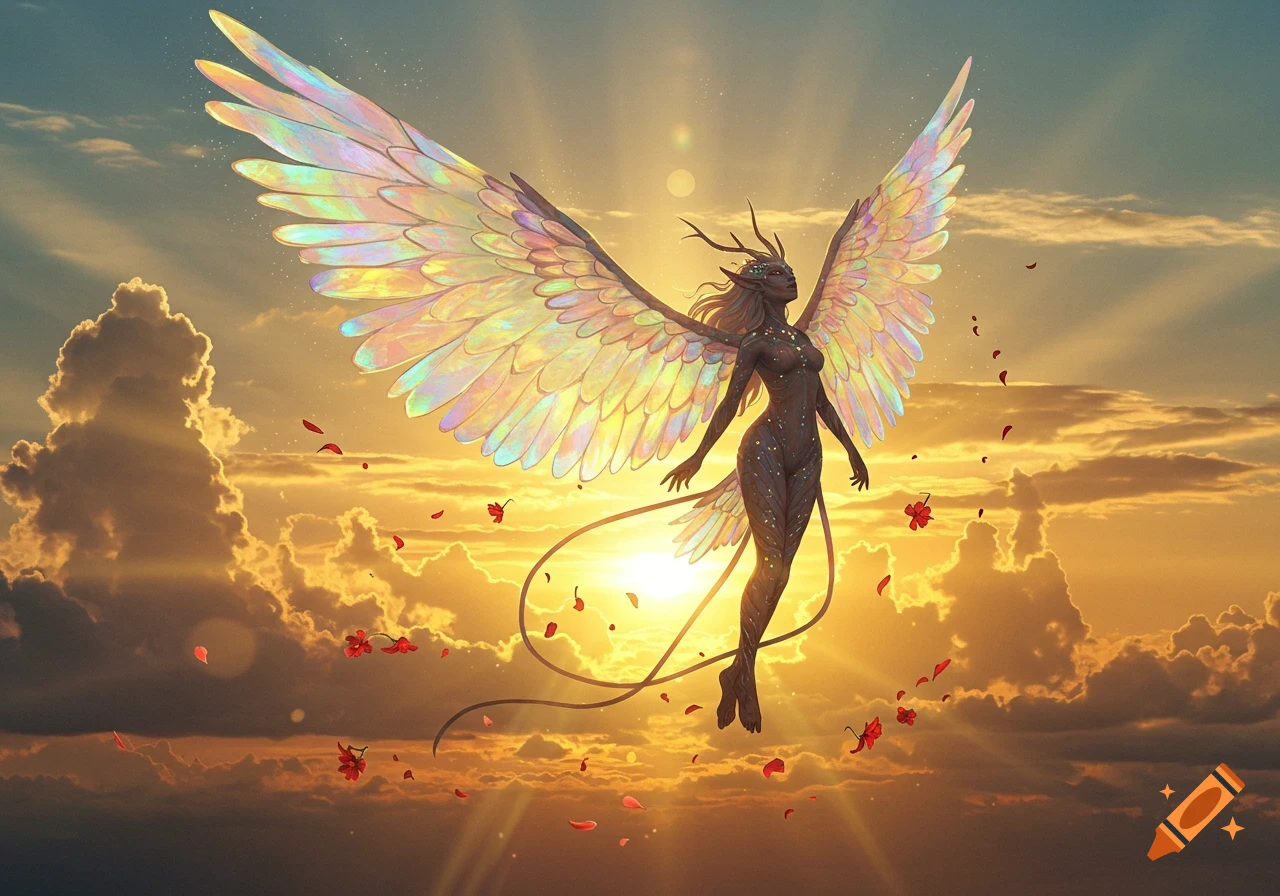 A dark-skinned mythical creature with iridescent rainbow wings and antlers floats against a vibrant orange and yellow sunset sky with clouds, red petals falling around it.
