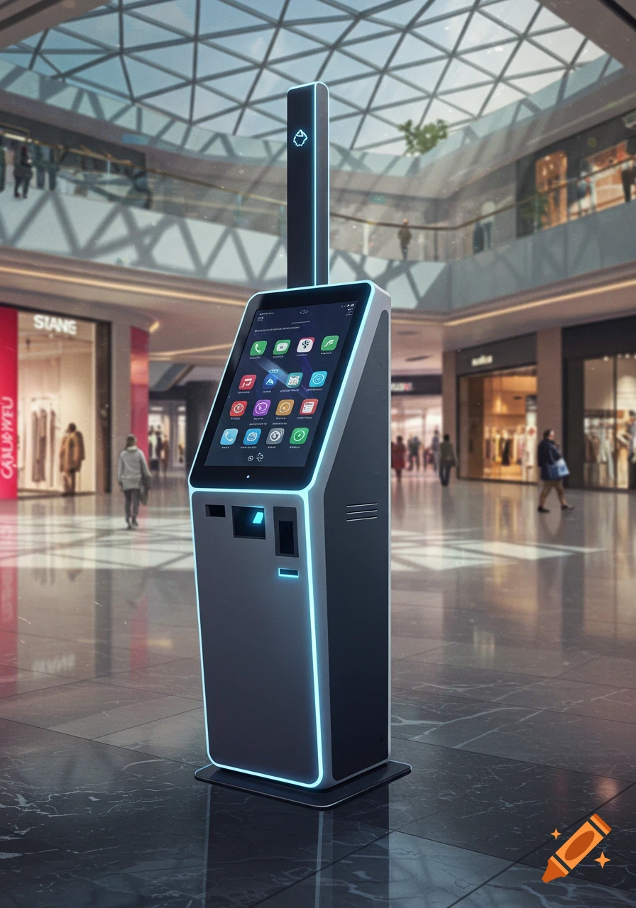 Modern free-standing kiosk with a touchscreen and blue neon lights in a brightly lit shopping mall.