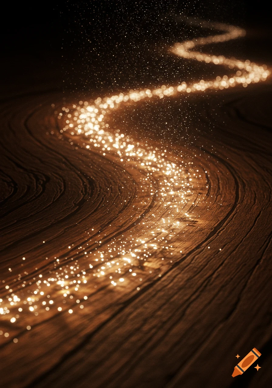 Wavy path of shimmering golden light particles on a dark, textured wooden surface.