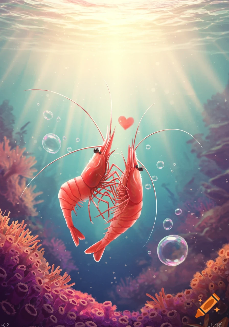 Two cartoon shrimp form a heart shape underwater among colorful coral, bathed in sun rays and bubbles.