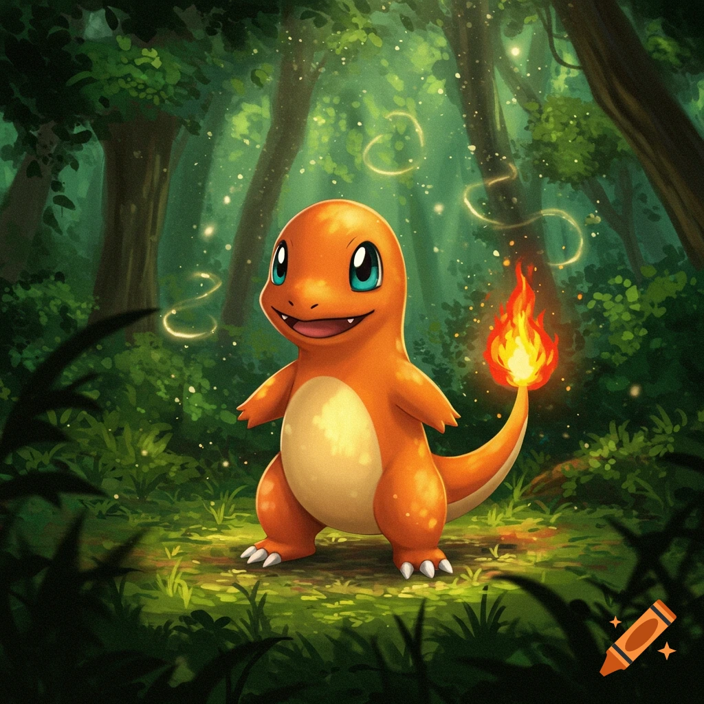 A happy Charmander stands in a vibrant, sunlit forest, its fiery tail glowing.