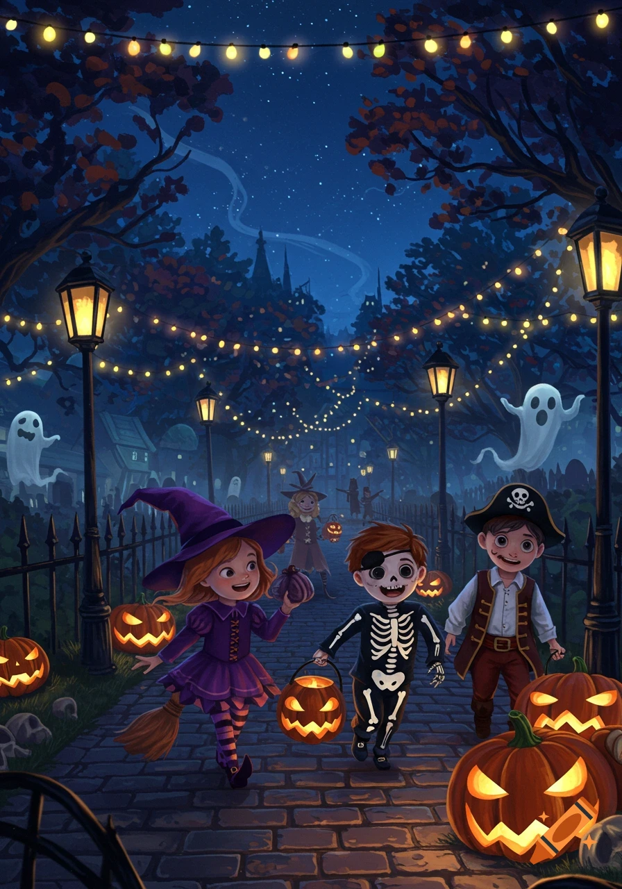 Illustrated Halloween night scene: Children in witch, skeleton, and pirate costumes trick-or-treating with glowing pumpkins and string lights.