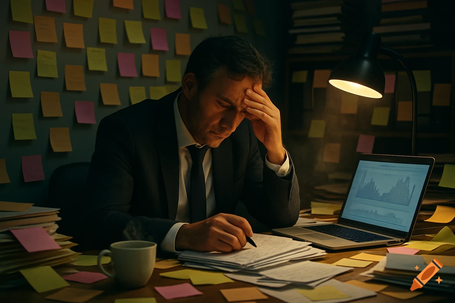 A man in a suit, looking stressed, works late at a desk covered in papers and sticky notes, with a laptop and a lamp. Photorealistic.