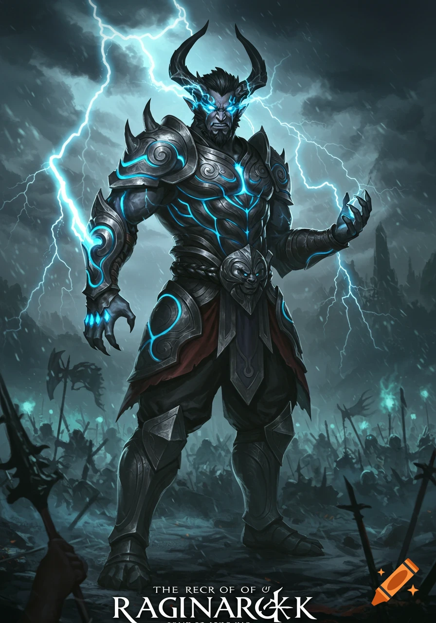 Muscular, horned warrior in ornate armor with glowing blue lightning stands on a dark battlefield under a stormy sky in a dark fantasy style.