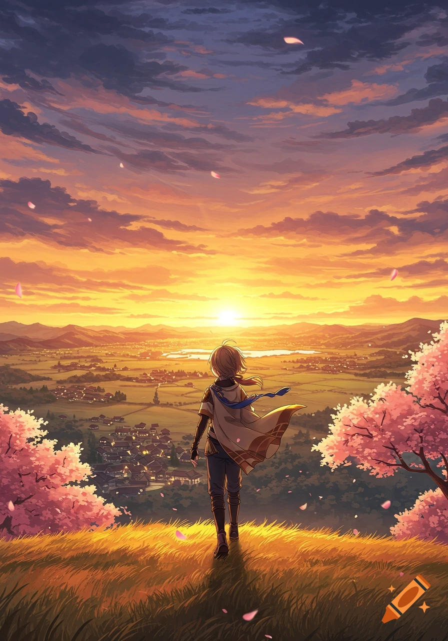 An anime character stands on a grassy hill, gazing at a vibrant sunset over a valley with a village and lake, flanked by pink cherry trees.