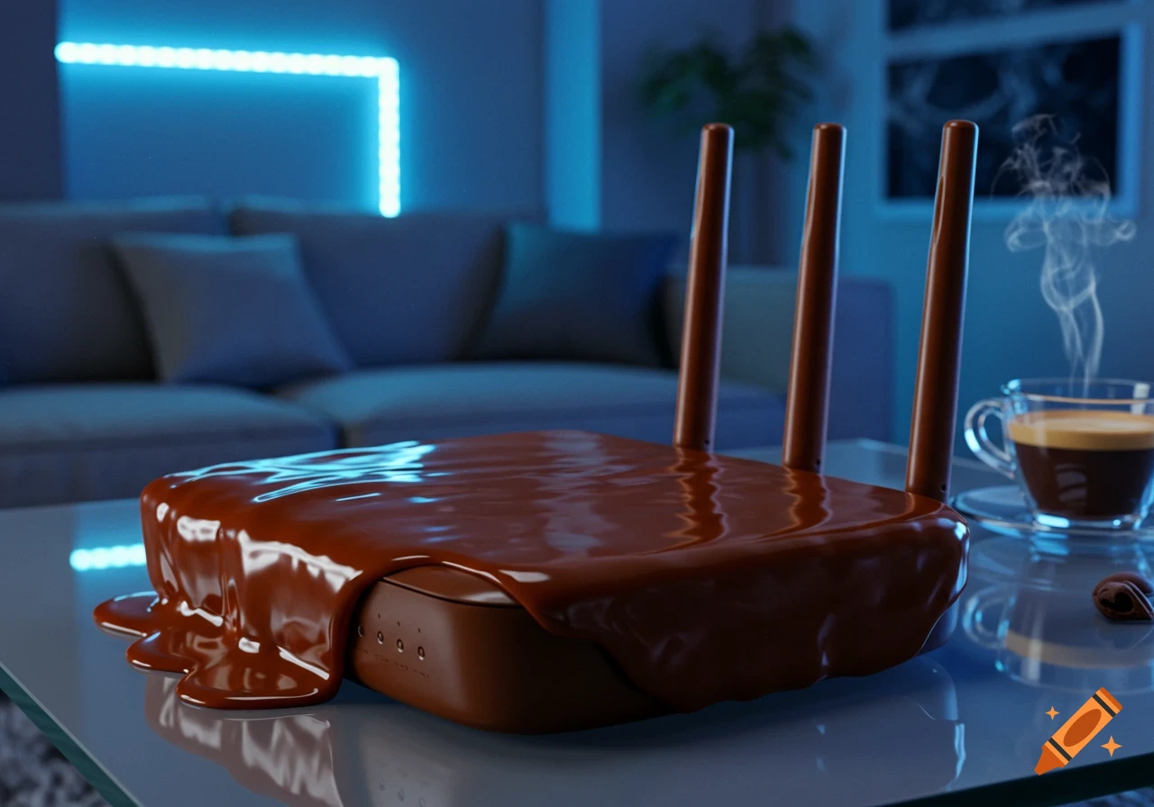 A photorealistic image of a wireless router covered in melted chocolate, next to a steaming cup of coffee on a glass table in a modern living room.