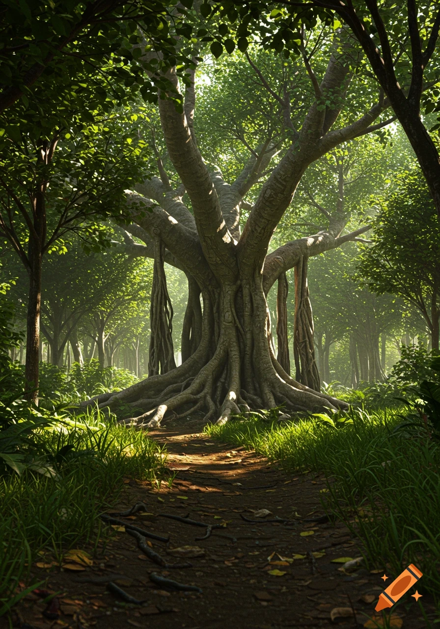 A sunlit forest pathway leading to a majestic banyan tree with sprawling roots and aerial branches, surrounded by lush green foliage. Photorealistic.