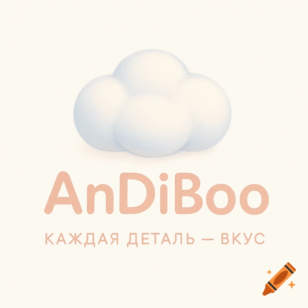 Minimalist logo with a soft, marshmallow-like cloud above the text 'AnDiBoo' and the slogan 'КАЖДАЯ ДЕТАЛЬ – ВКУС' in a pastel palette.
