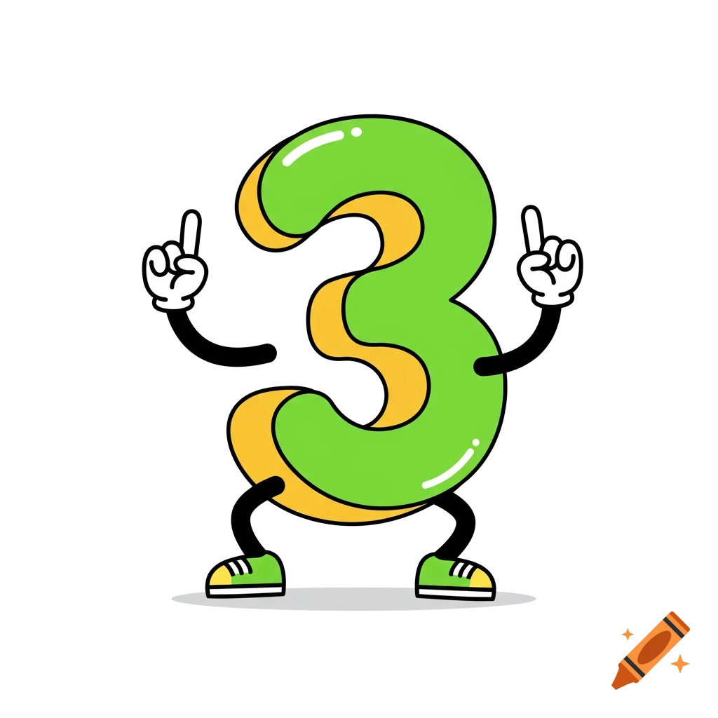A dancing cartoon green number 3 character with arms and legs, wearing white gloves and green sneakers.