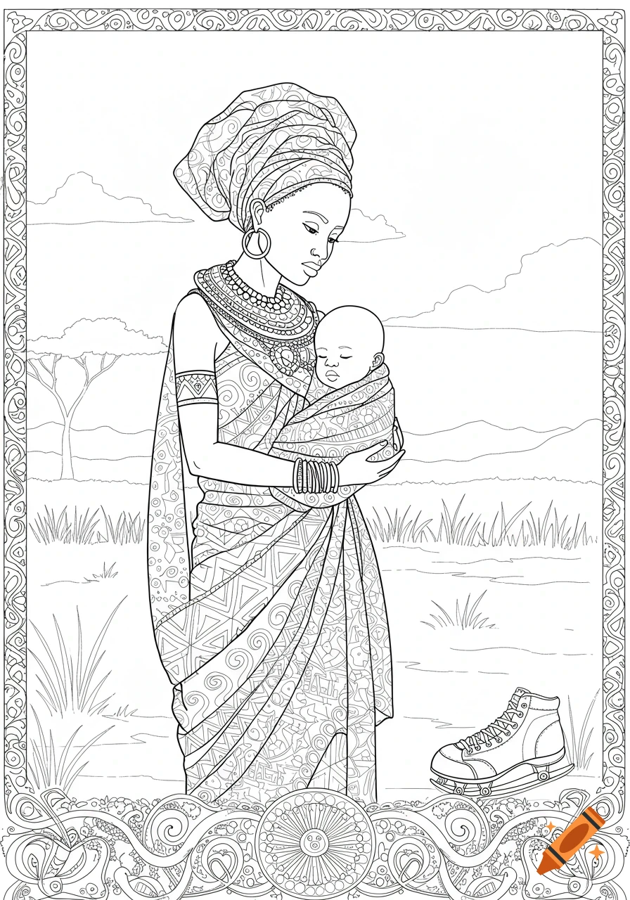 Black and white coloring page of an African woman holding a baby, an ice skate nearby, with a decorative border.