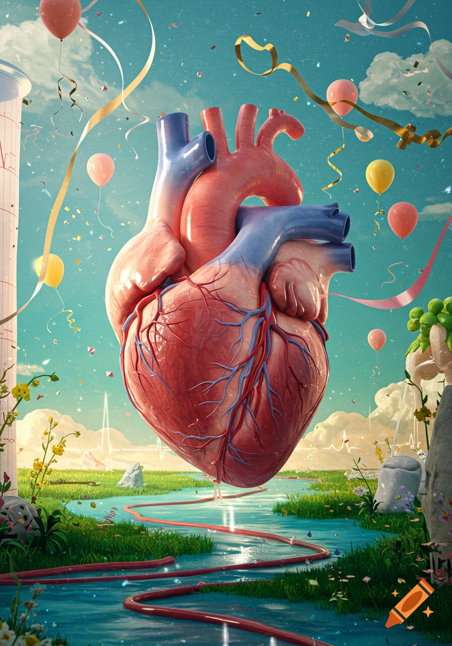 A large, detailed human heart floats above a river in a vibrant, surreal landscape with balloons, confetti, and an ECG line.