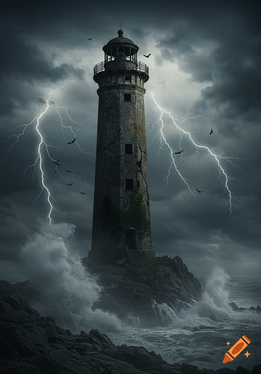 A tall, ruined lighthouse stands on a rocky island amidst a stormy sea with crashing waves and bright lightning in a dark, cloudy sky. Several small, dark birds fly around it.