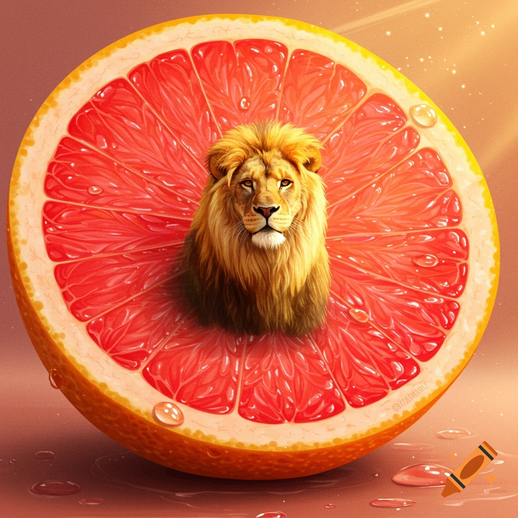 A vibrant illustration of a lion's head emerging from the center of a sliced pink grapefruit, with water droplets on the surface.