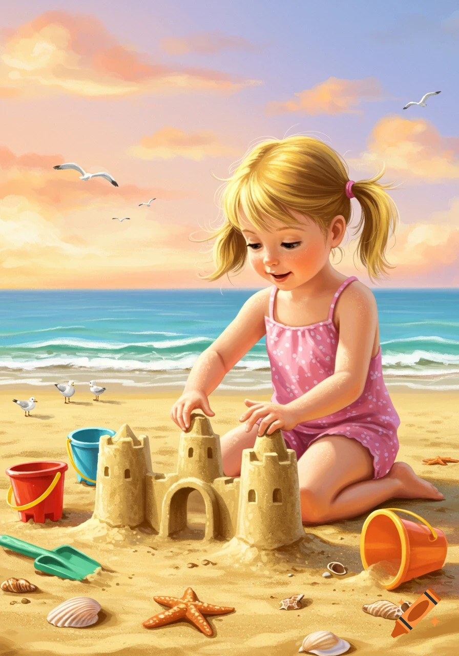 A cheerful little girl with blonde pigtails in a pink swimsuit builds a sandcastle on a sunny beach with seagulls and seashells.