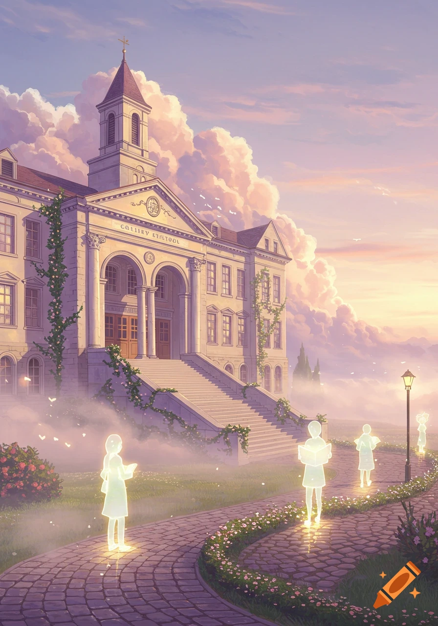 Anime-style fantasy school with a grand building, glowing ethereal figures on a path, and a pastel sunset sky.