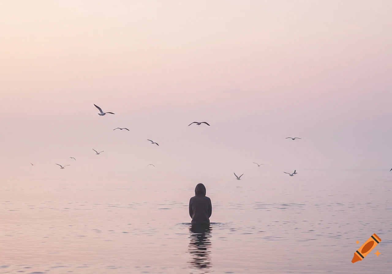 A solitary person sits in calm, pastel-colored water with seagulls flying overhead, reflecting a melancholic mood.