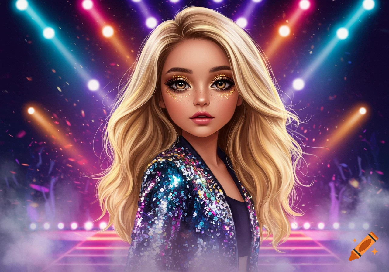 A stylized digital illustration of a blonde girl with glittery makeup and a sequined jacket on a vibrant stage with colorful spotlights.