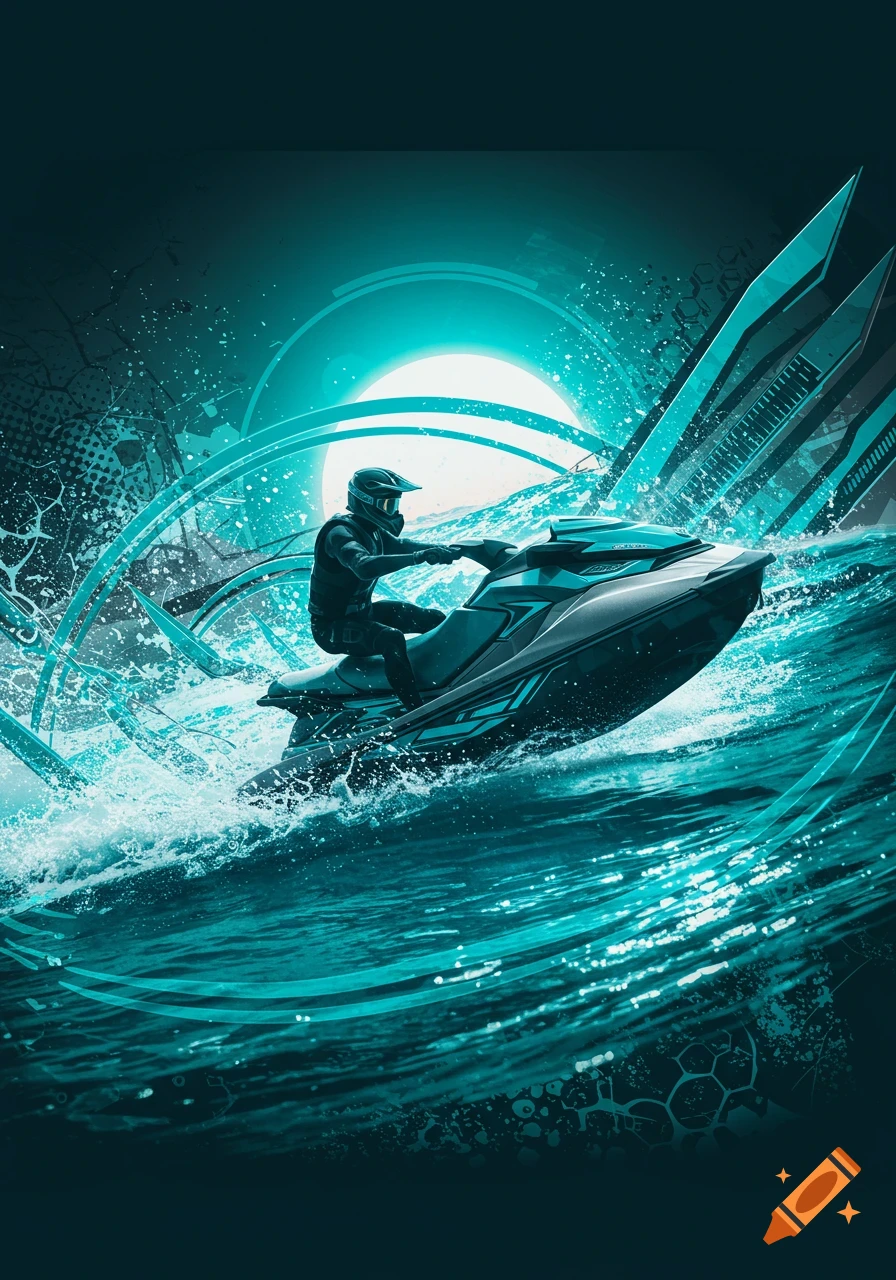 Stylized graphic art of a person on a jet ski speeding through vibrant teal water with splashes against a dark, abstract background.