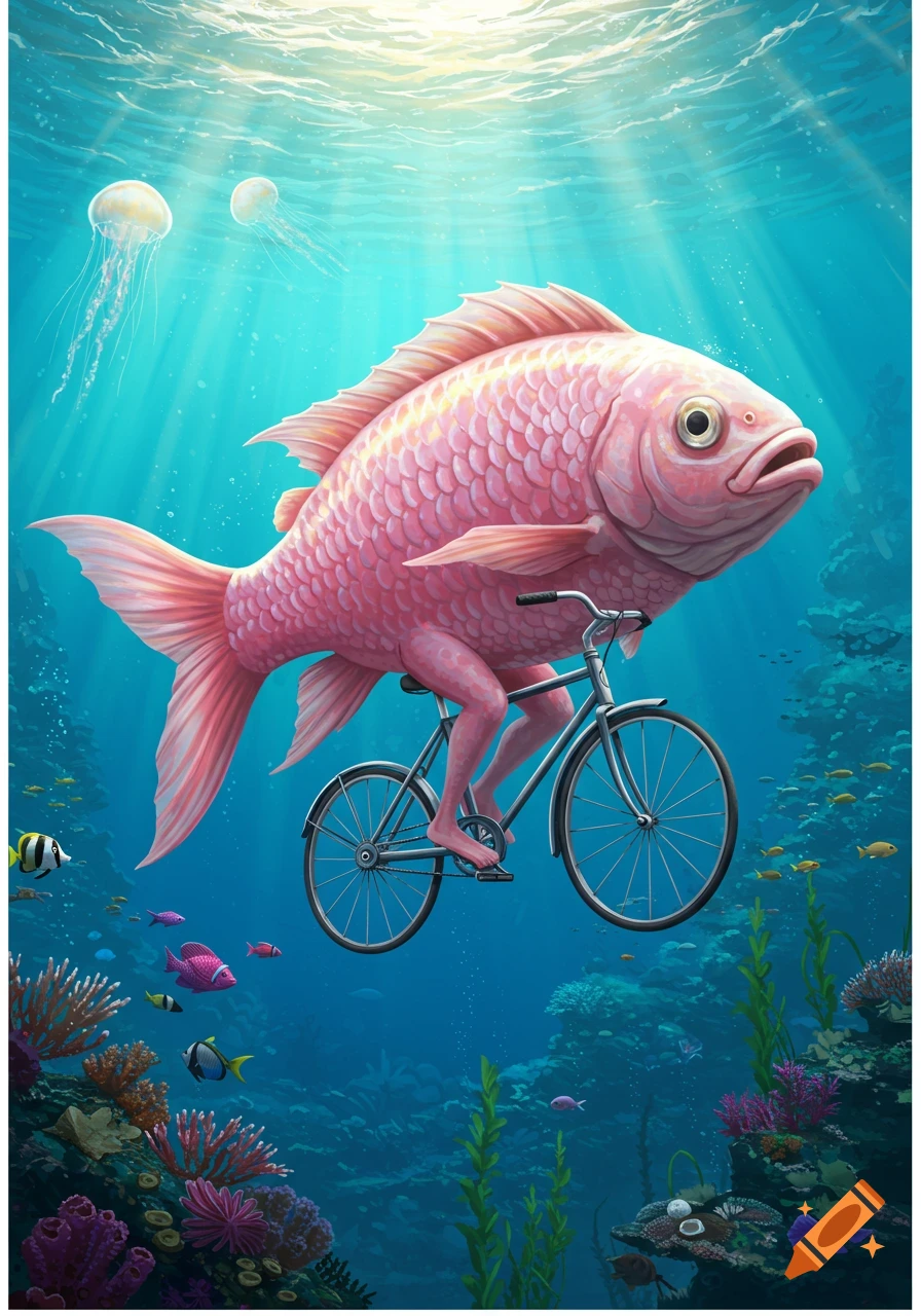 Large pink fish with human legs rides a bicycle underwater among coral reefs and marine life.