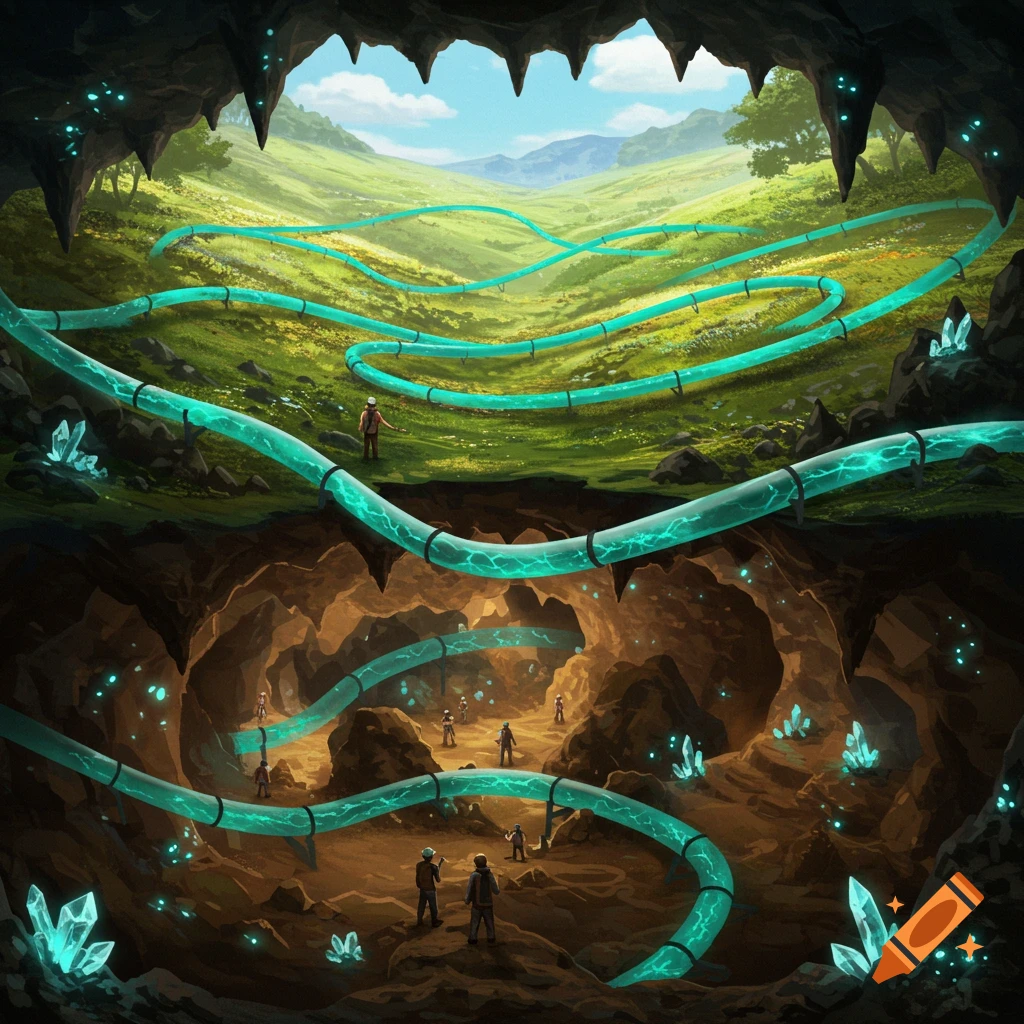 Fantasy scene with a green valley above a cave, connected by glowing blue tubes, featuring small explorers and luminescent crystals.