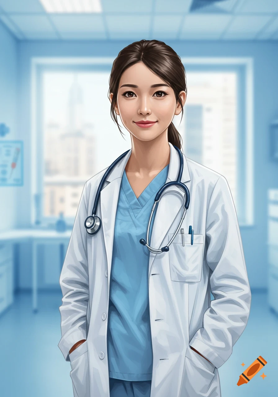 A confident young female doctor in a white lab coat and blue scrubs stands in a bright hospital room, digital illustration.