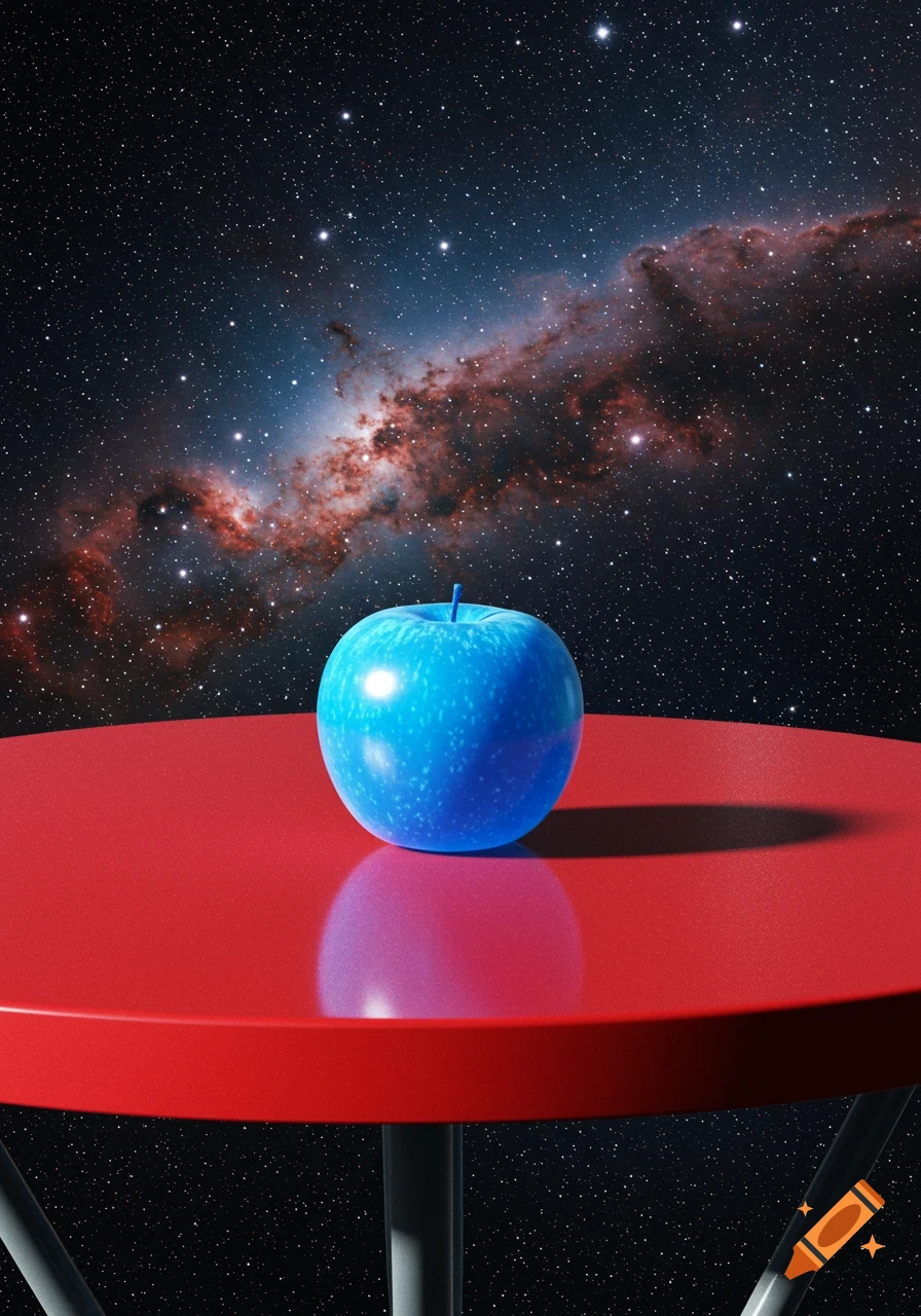 A vibrant blue apple sits on a reflective red table against a backdrop of a vast, starry galaxy in deep space.
