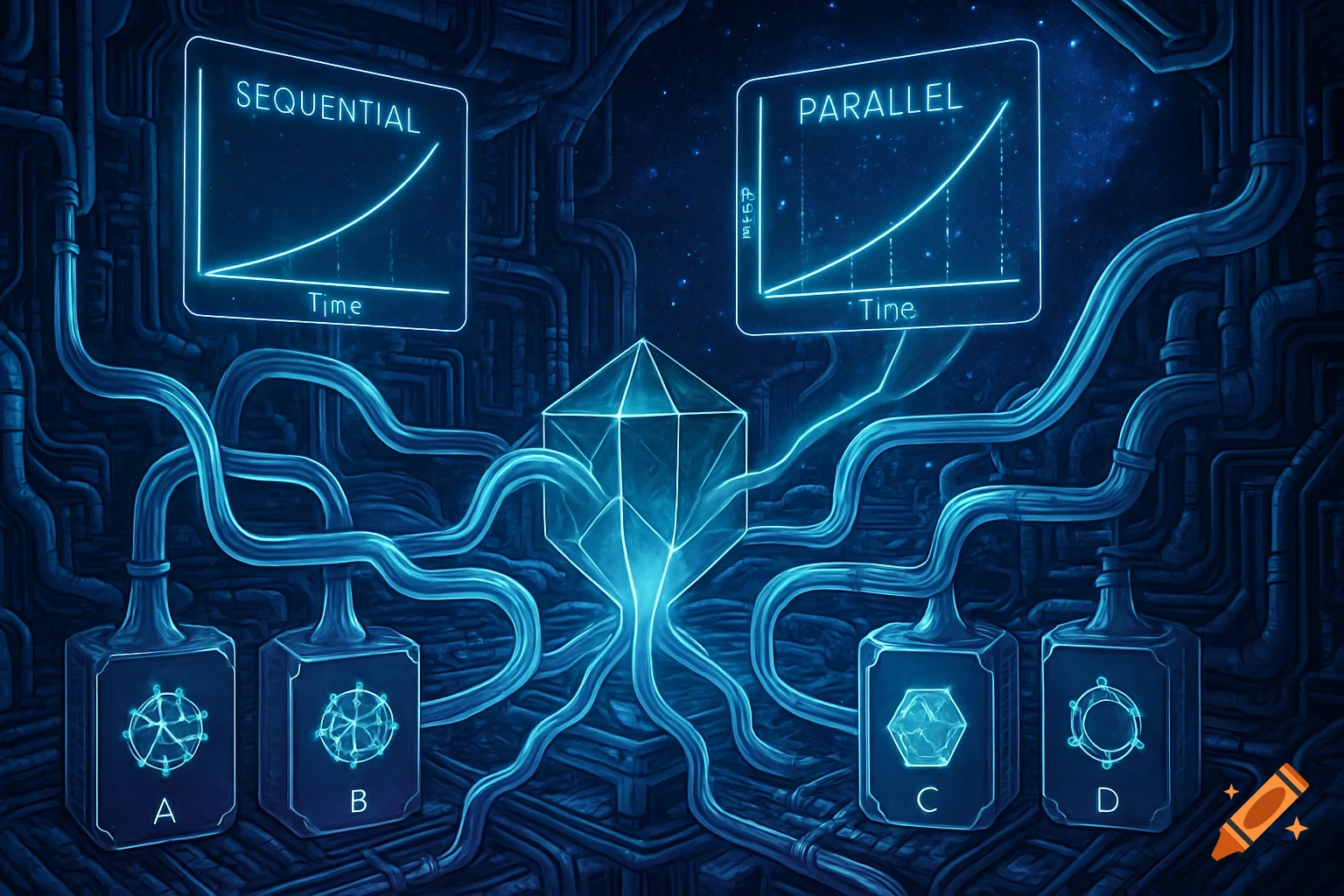 An intricate neon blue diagram shows sequential and parallel processing graphs with glowing pipes connected to a central crystal and labeled modules.