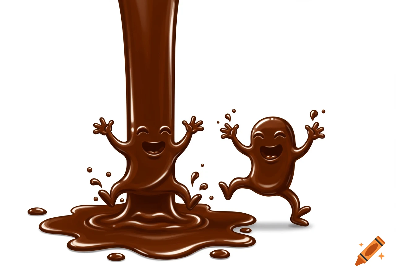 Two cheerful cartoon melted chocolate characters splashing in a pool of chocolate against a white background.