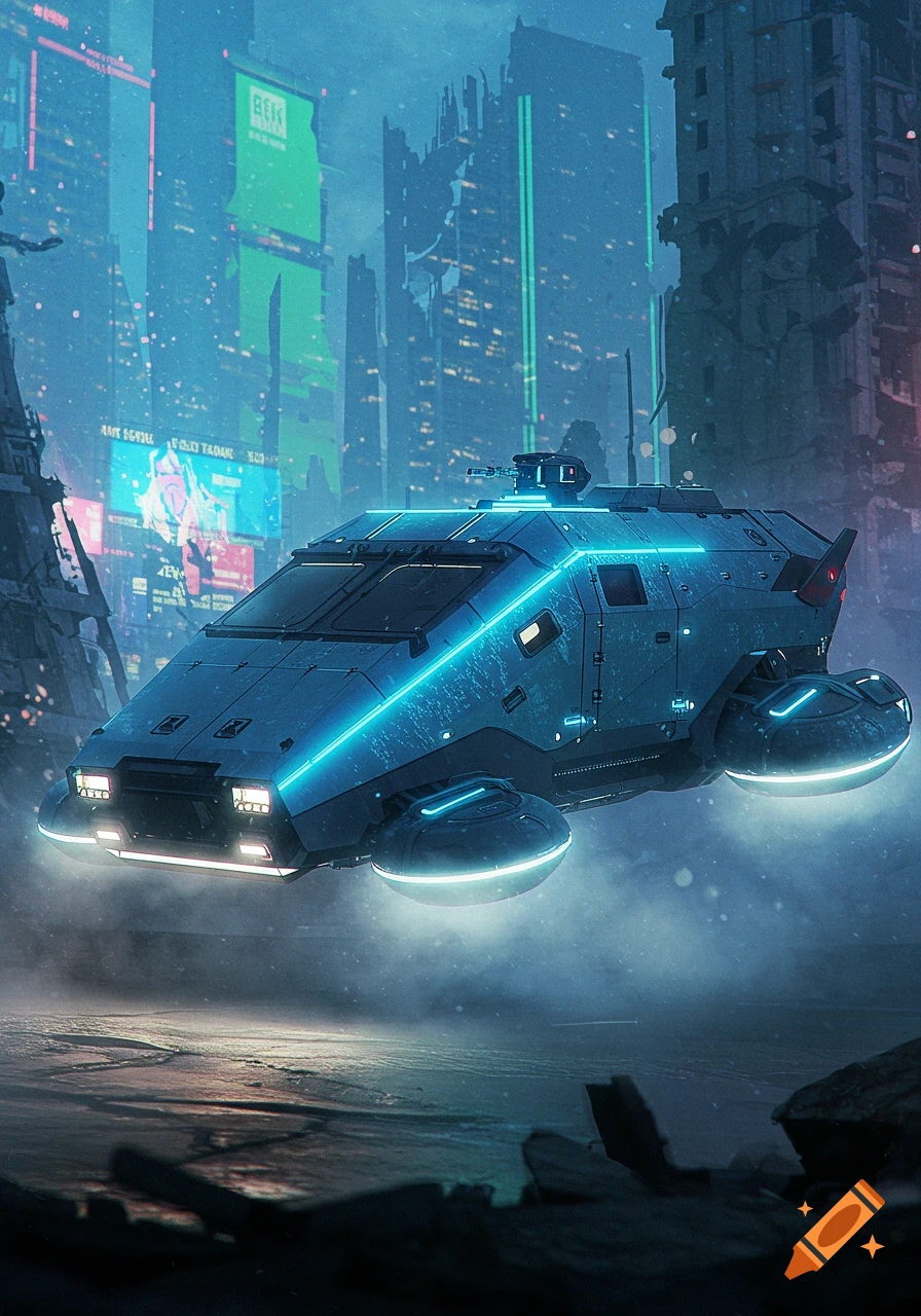 A futuristic blue hovercraft with neon lights floats over a street in a ruined, neon-lit sci-fi city.