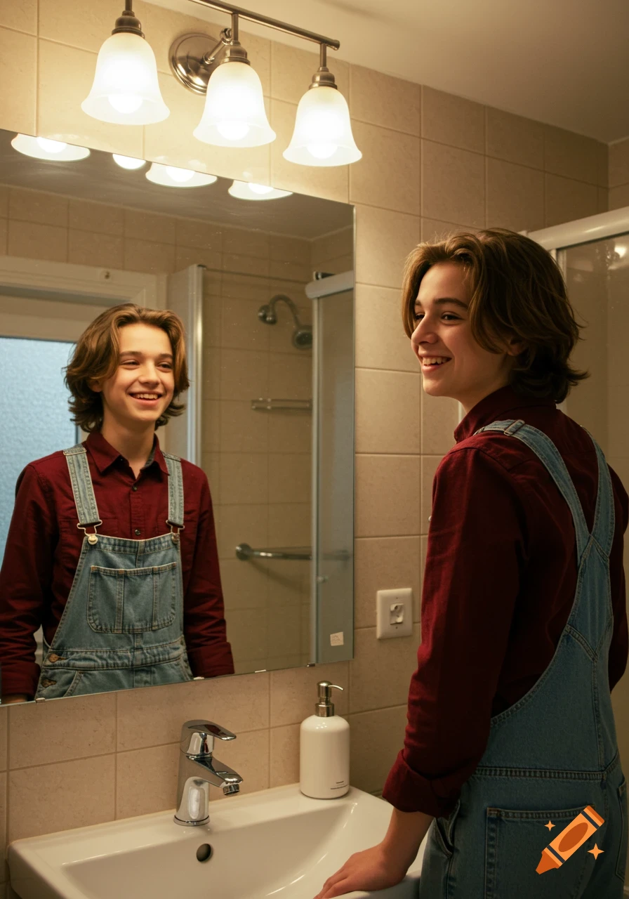 A smiling boy with long hair in overalls stands in a bathroom, looking at his reflection in the mirror. Photorealistic.