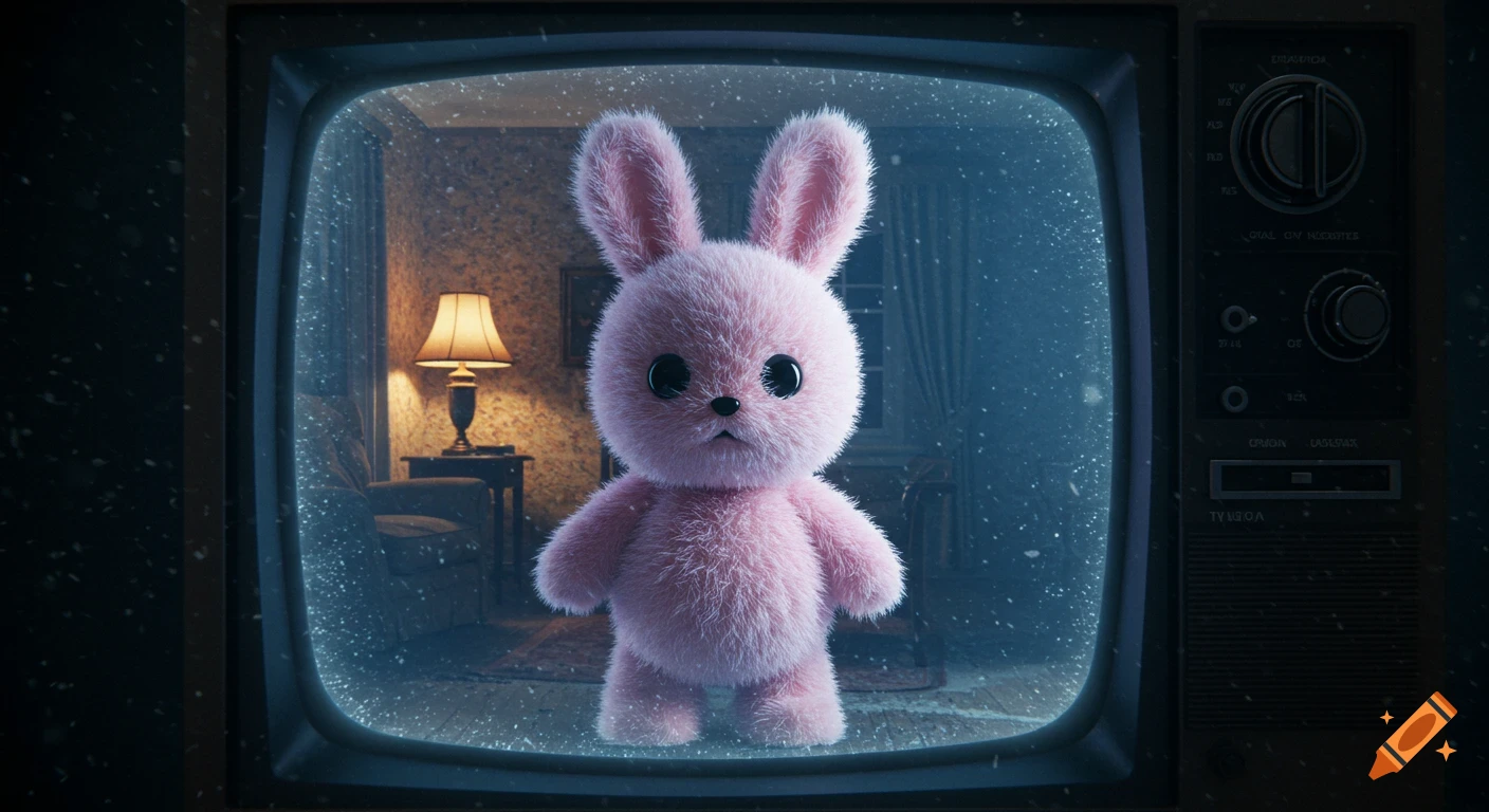 A fluffy pink bunny with large black eyes stands inside a static-filled old television screen, with a blurry room behind.