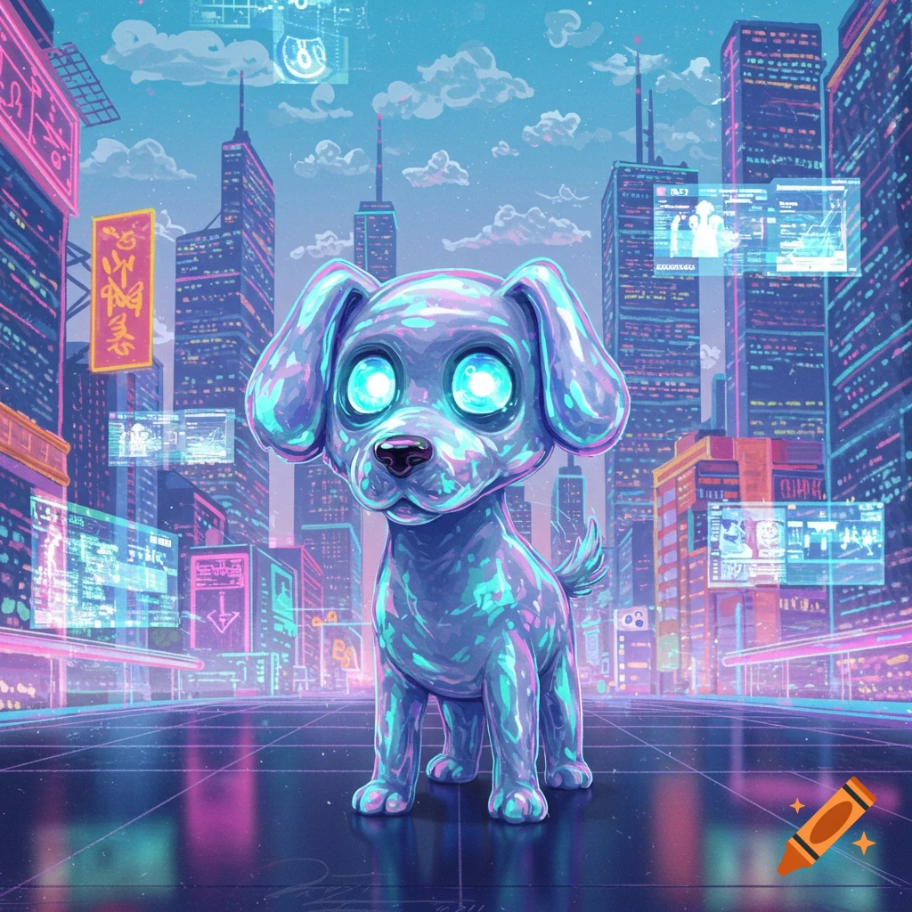 A glowing, iridescent puppy stands in a neon-lit, futuristic cityscape with holographic displays and tall skyscrapers, in a Y2K style.