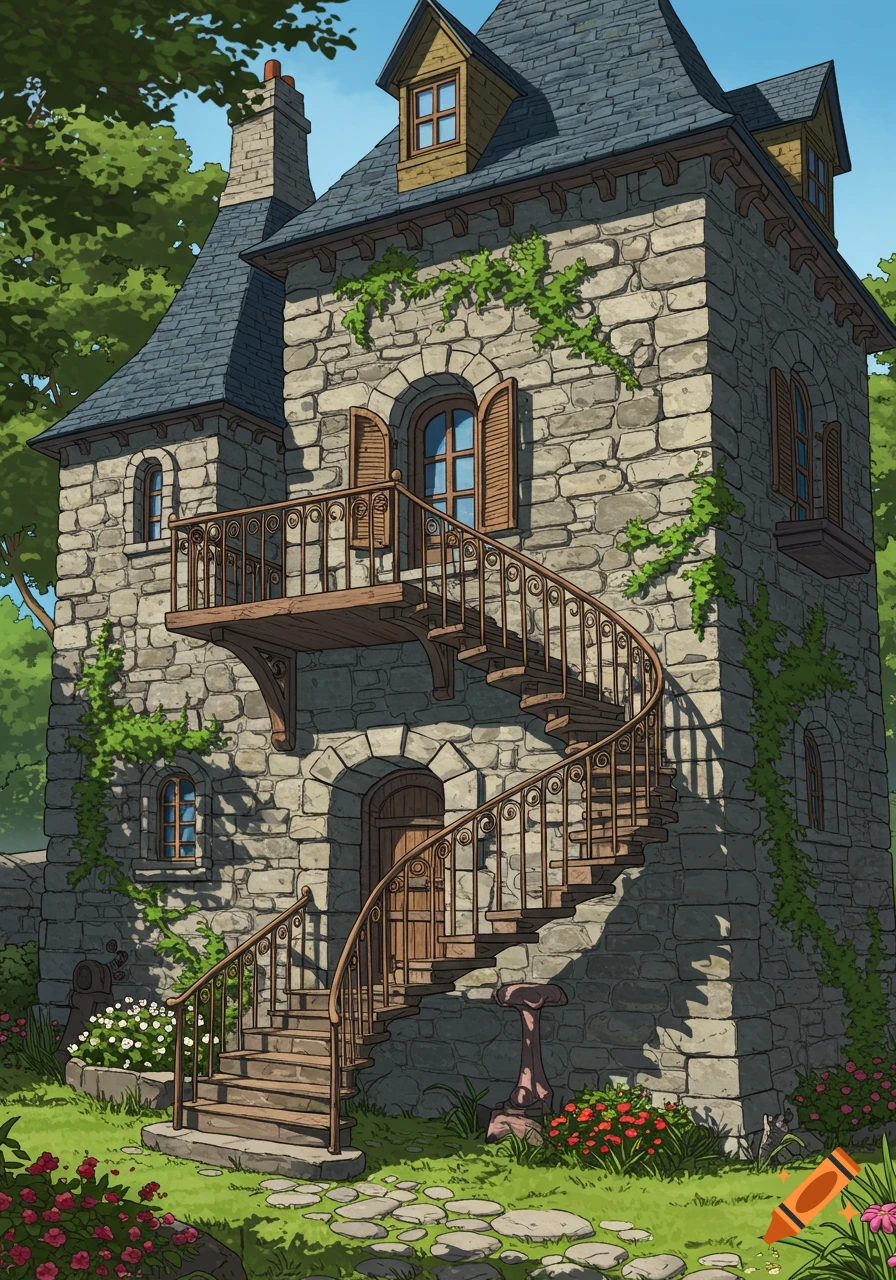 Illustrated stone house with a spiral iron staircase leading to an elevated entrance, surrounded by trees and colorful flowers.