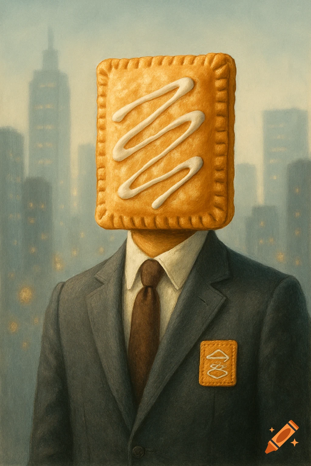 Surreal painting of a man in a suit with a frosted Pop-Tart head and lapel logo, against a blurry city skyline.