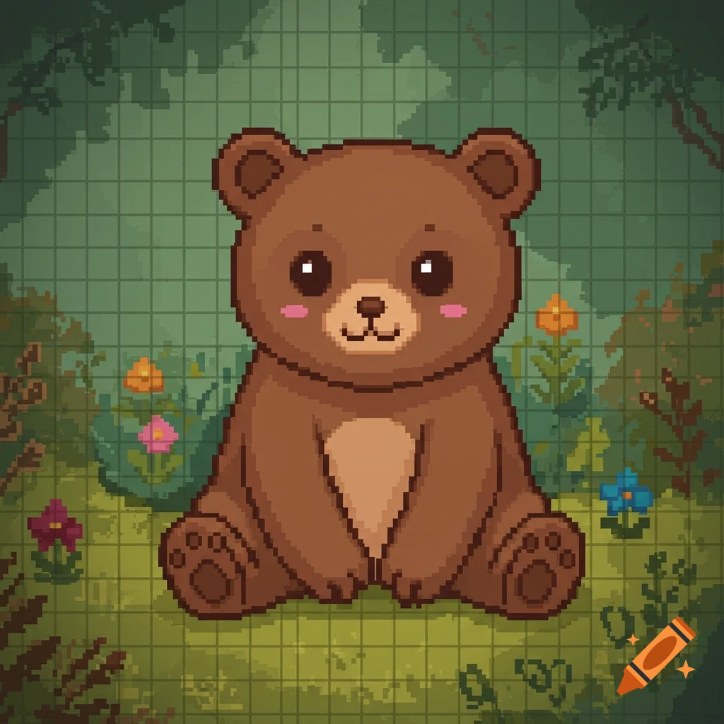 A cute brown pixel art bear with rosy cheeks sits in a green forest with colorful flowers.
