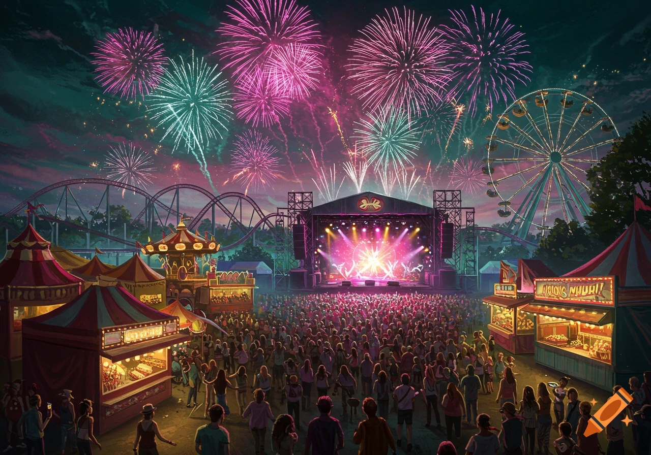 A vibrant night festival in an amusement park with fireworks, a lighted stage, rides, food stalls, and a large crowd.
