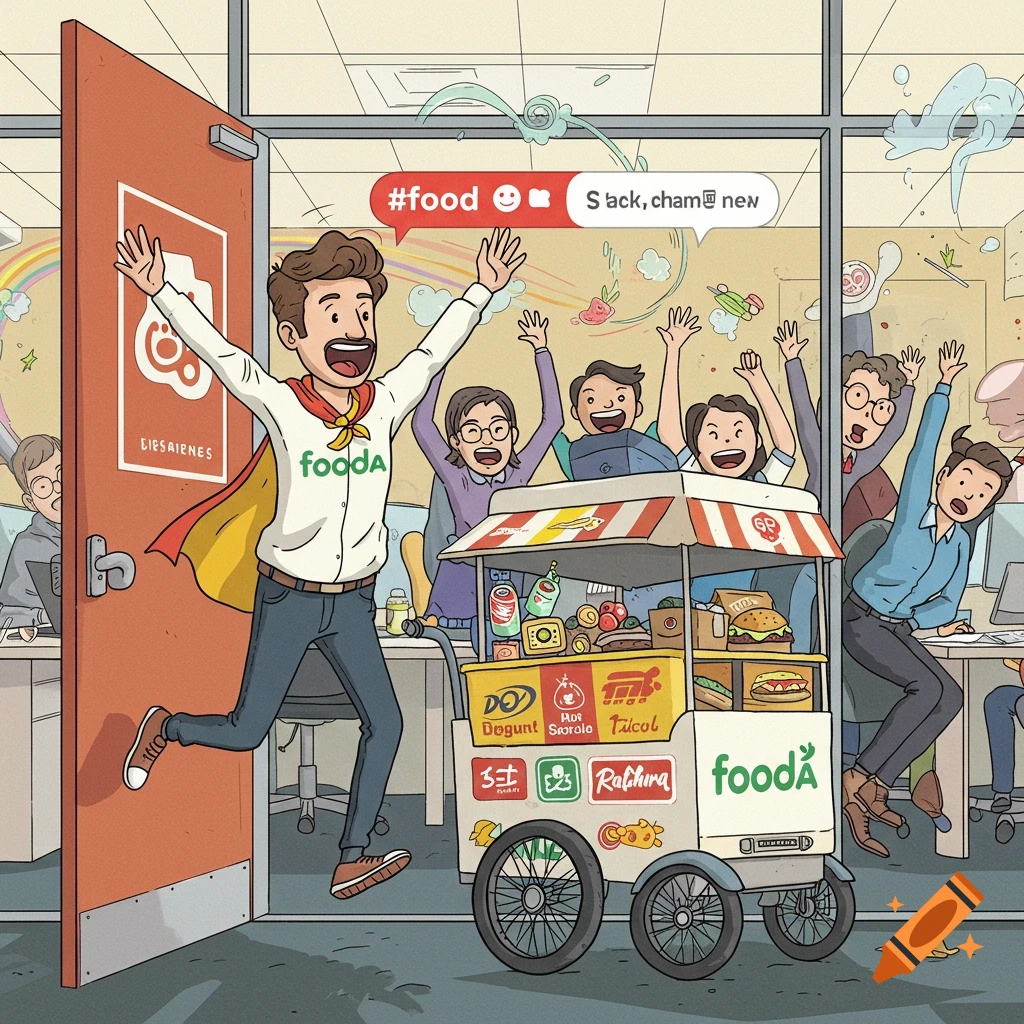 Cartoon of a man in a red cape jumping into an office with a food cart, as cheering colleagues surround it. A text bubble says #food.