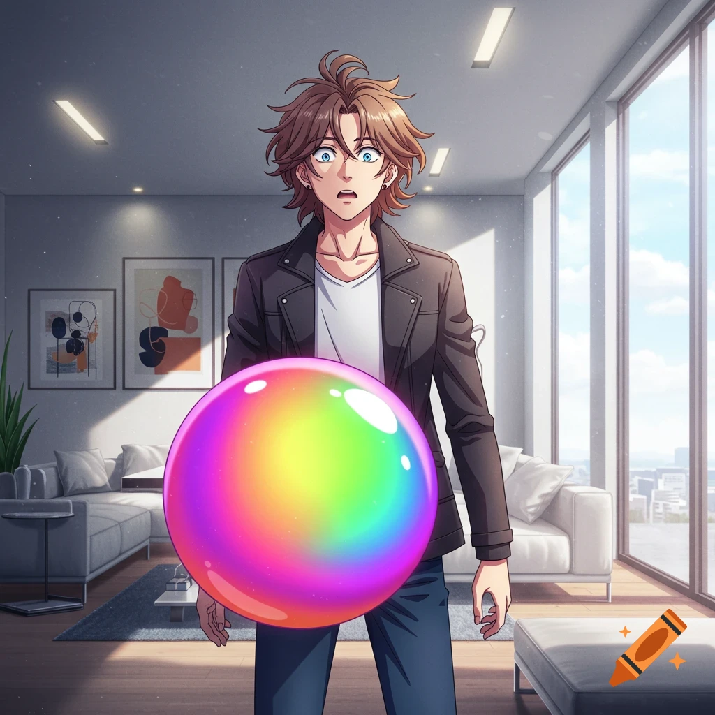 A surprised anime guy in a modern apartment holds a large, glowing, rainbow-colored sphere in front of his torso.