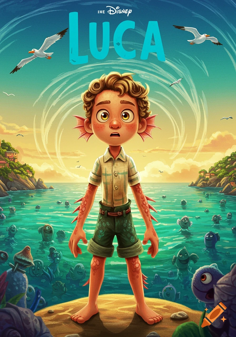 Animated movie poster of Luca, a sea monster boy, standing on a beach with cartoon sea creatures and a coastal village.
