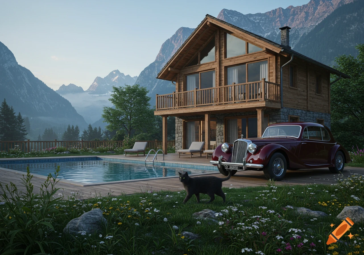 A photorealistic image of a wooden chalet with a pool, classic car, and black cat in a mountainous landscape.