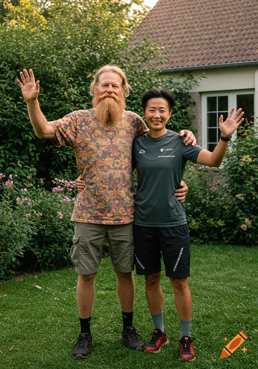 A bearded man in a patterned shirt and a woman in dark green sportswear stand in a garden, smiling and waving.