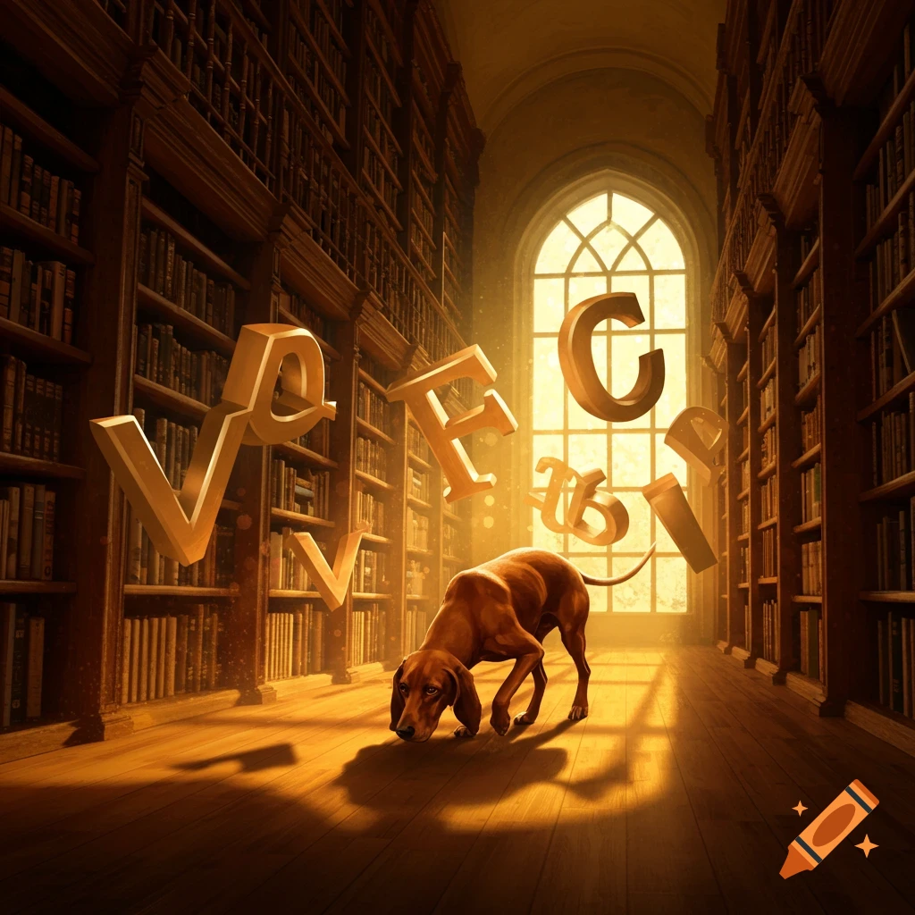 A hound dog sniffs the wooden floor of a grand, sunlit library, surrounded by large, golden 3D capital letters floating in the air.