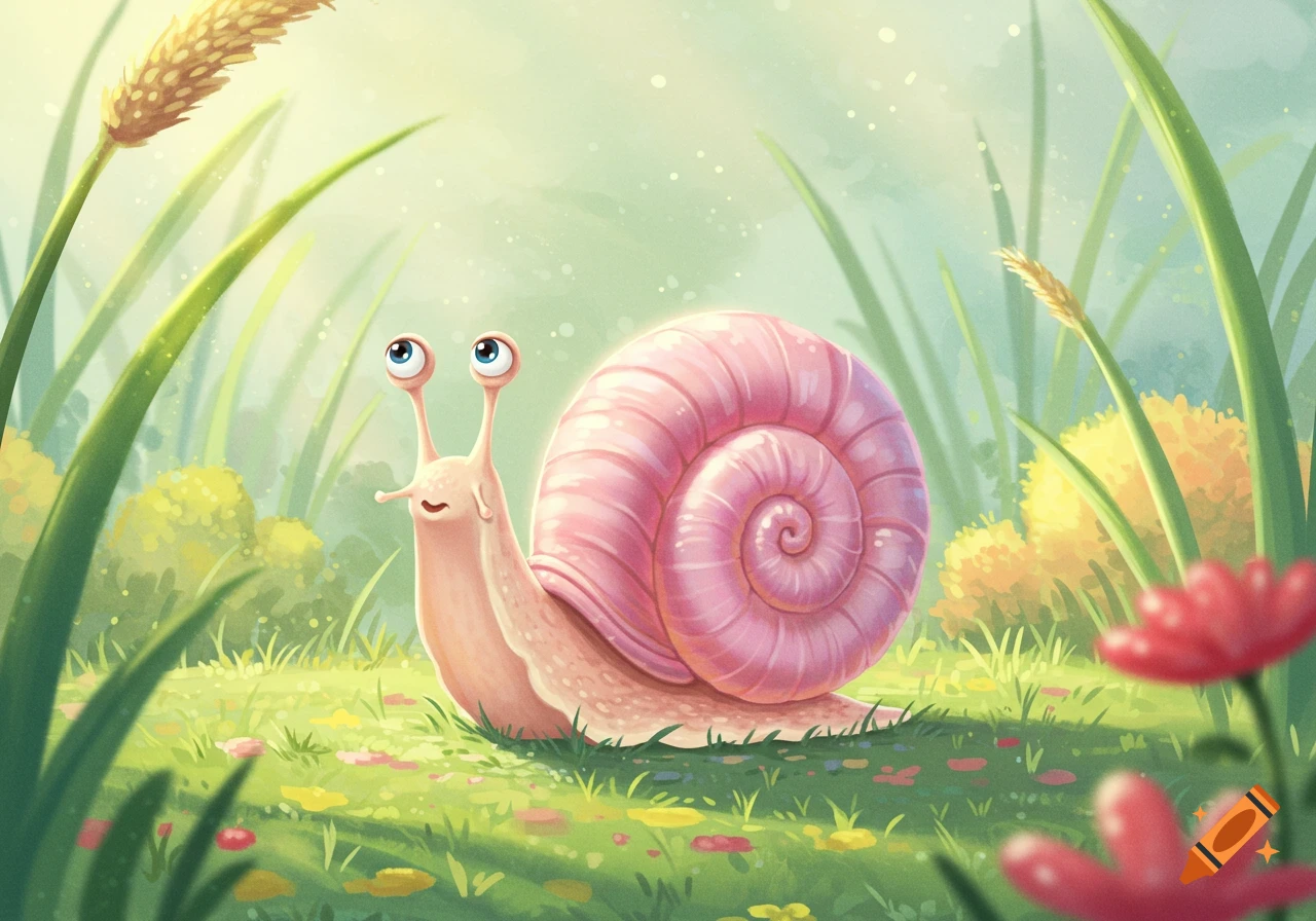 A cute, smiling cartoon snail with a pink shell and big blue eyes in a bright, grassy field with plants and flowers.
