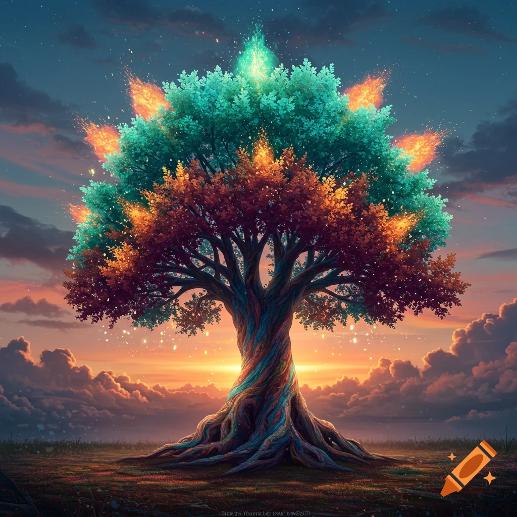 A vibrant, fantastical tree with glowing, multi-colored leaves and swirling roots, set against a dramatic sunset sky with clouds.