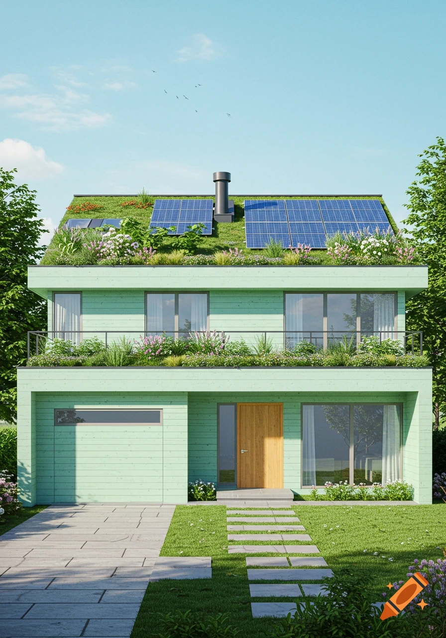 A modern, mint green two-story house with a green roof, solar panels, and a stone pathway through a grassy lawn.
