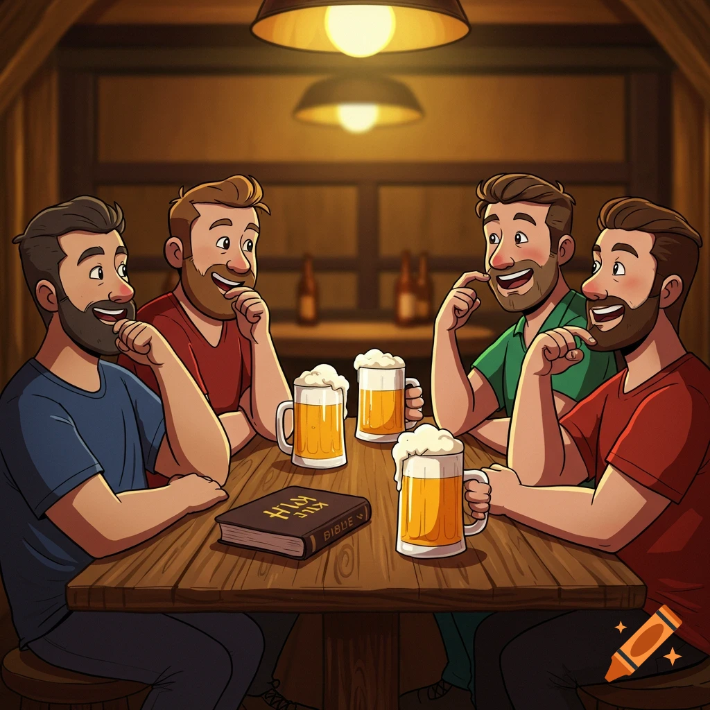 Four bearded men in cartoon style sitting around a table with beer mugs and a Bible in a dimly lit bar.