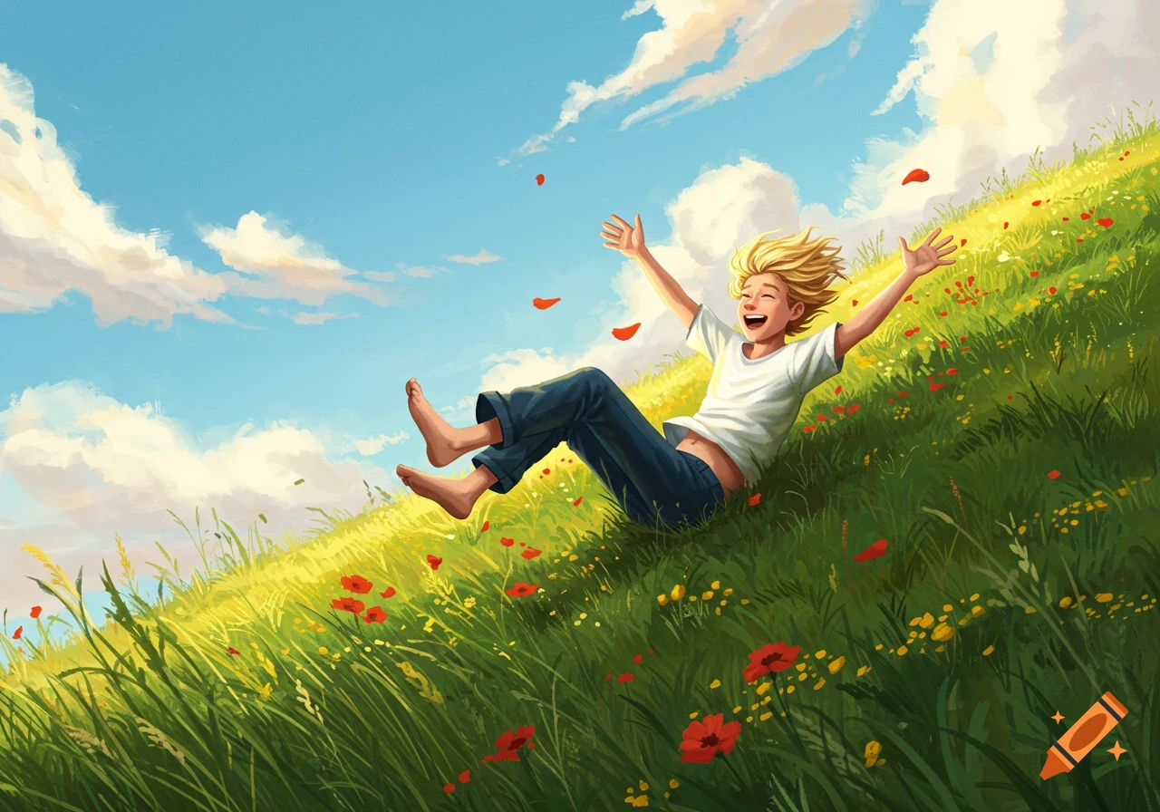 Illustration of a happy blond person rolling down a sunny, flower-filled green hill with arms outstretched.
