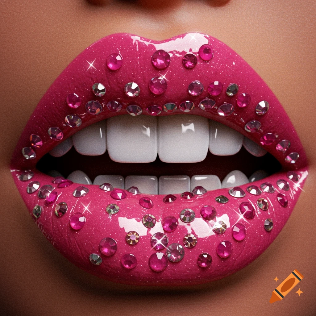 Close-up of glossy pink lips adorned with numerous sparkling pink and silver rhinestones, revealing perfectly white teeth.